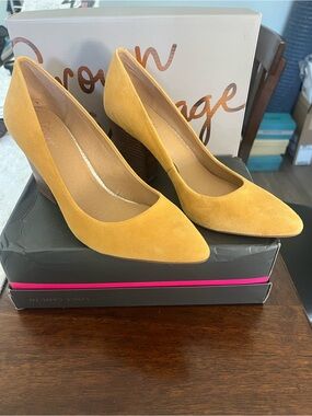 Crown Vintage Mustard Suede Pointed-Toe Wedge Pumps